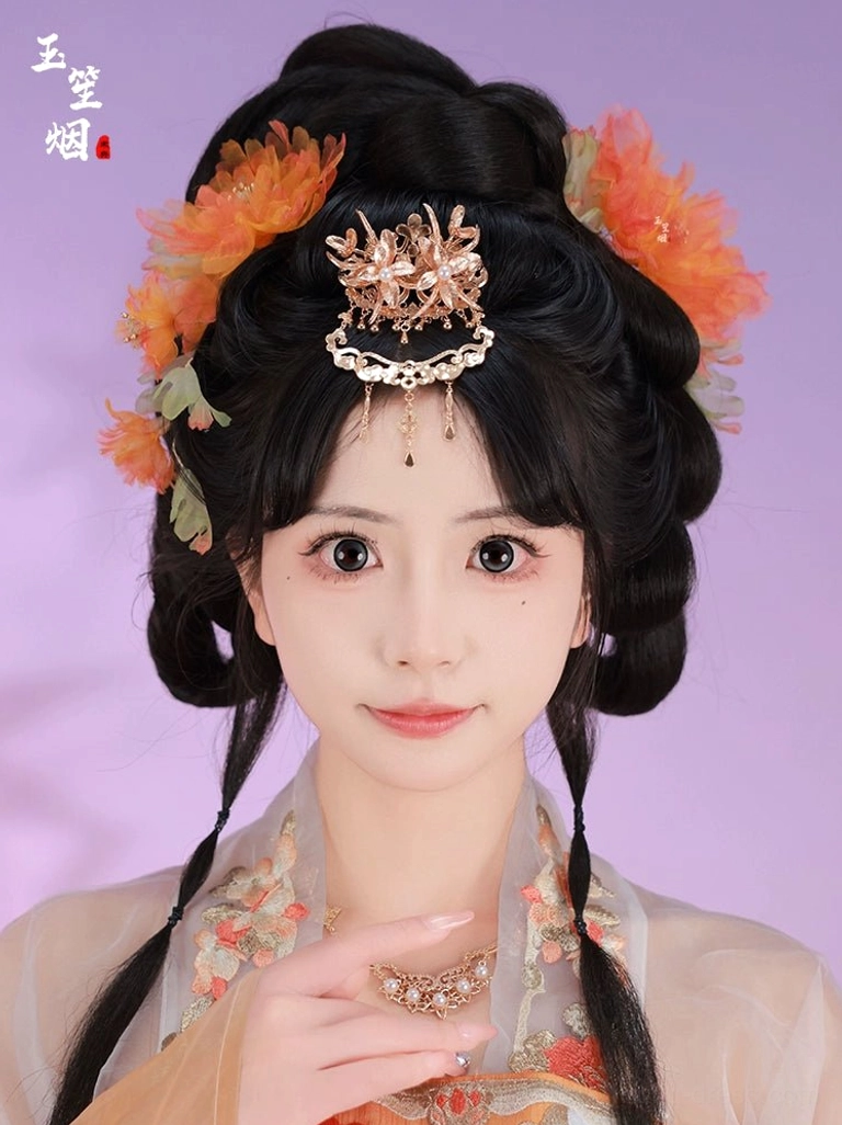 Model wearing an orange peony Hanfu hair accessories set with floral hairpins, golden forehead crown, traditional Chinese hairstyle, embroidered Hanfu, and matching necklace