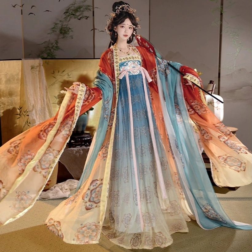 Front view of Orange Tang Dynasty Qixiong Ruqun hanfu with cyan to orange-red gradient dress, floral fabric, and open wide-sleeve cape