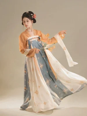 Tang-style Qixiong Ruqun Hanfu outfit in warm orange with a high-waisted floral skirt and long-sleeve wrap top