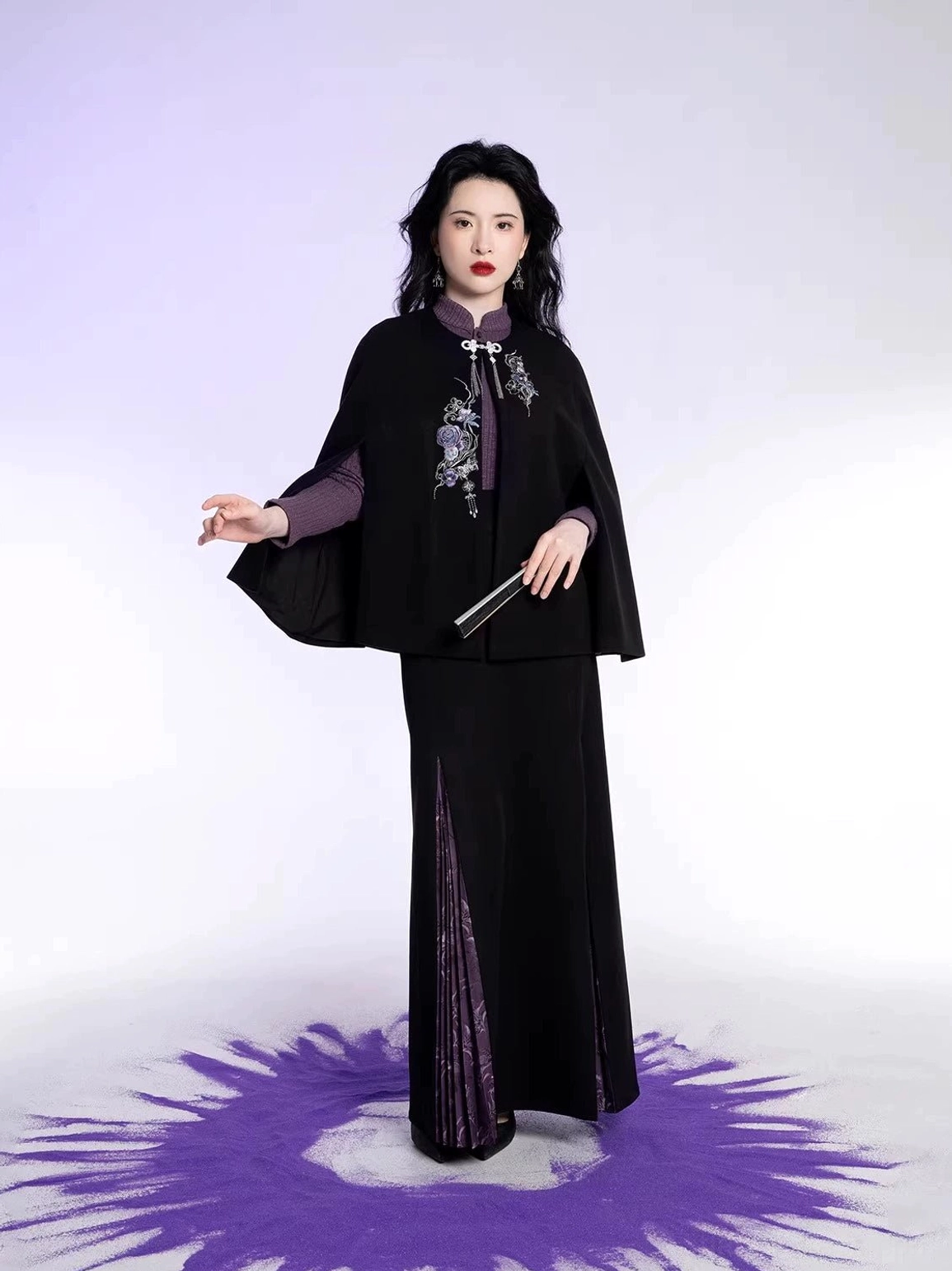 Complete Oriental Witch Hanfu outfit with black and dark purple cape knit top and long pleated skirt styled for an elegant fashion look