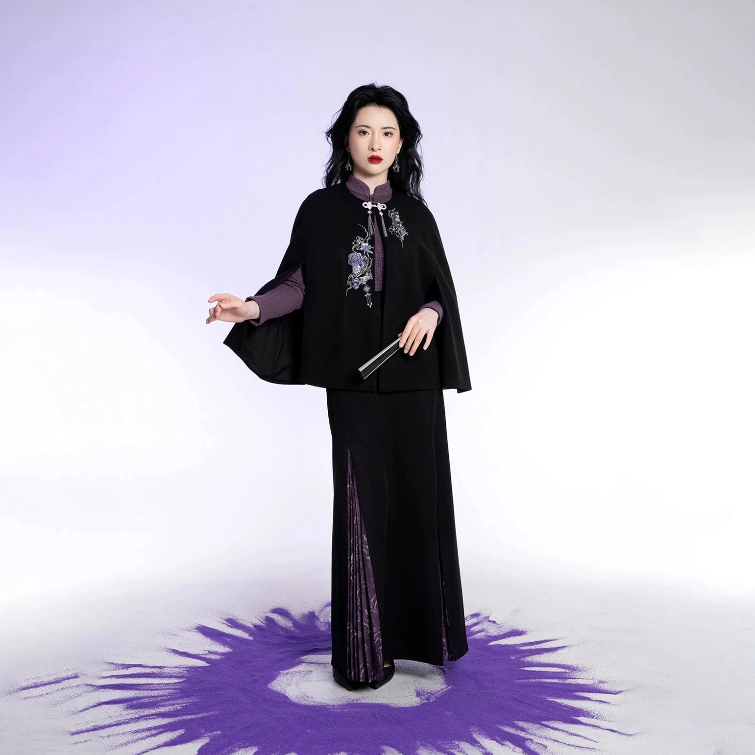 Oriental Witch full modern Hanfu three-piece set with embroidered cape knit top and pleated skirt styled in black and purple