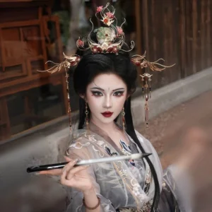 Front view of ornate Hanfu hair accessories crown and side hairpins with crane design, red agate accents, enamel details, and tassel earrings