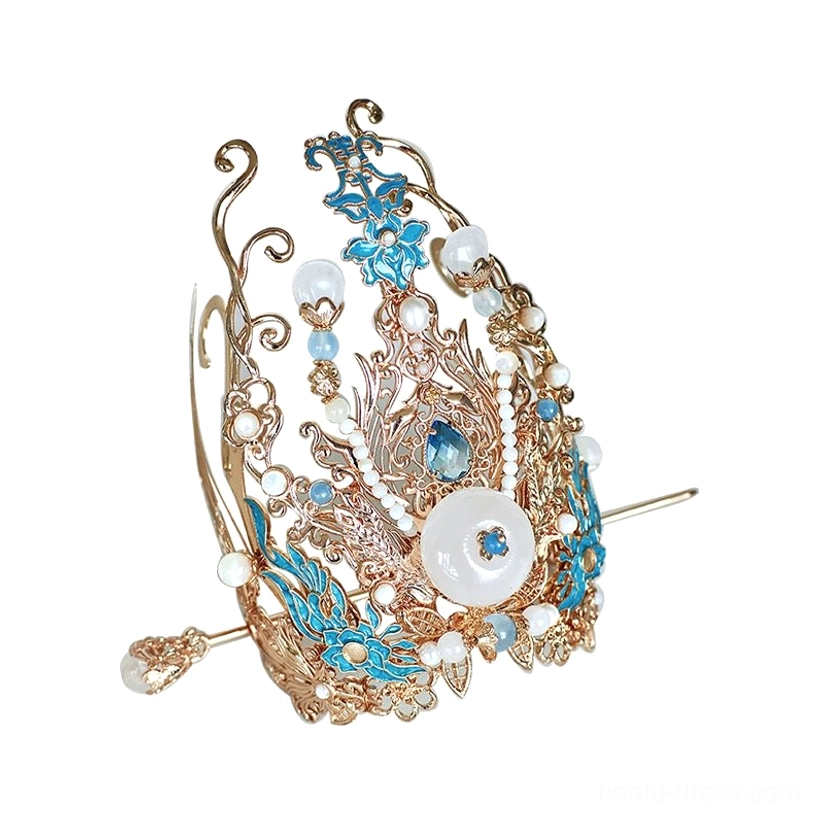 Side detail of an openwork blue and white Chinese Hanfu hair crown with ornate decorations and matching fixing hairpin