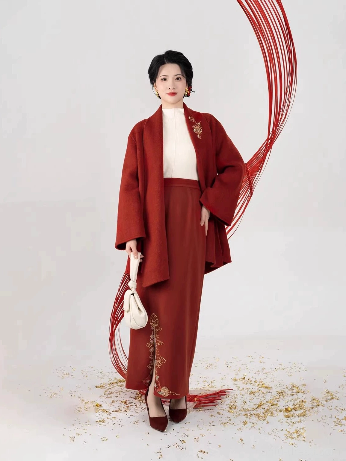 Front view of oversized Song Dynasty inspired Hanfu cardigan with subtle golden chest embroidery paired with matching embroidered slit skirt