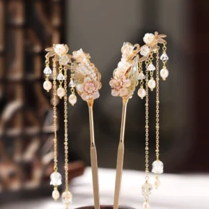 Pair of champagne gold Chinese hair sticks with pink floral ornaments, imitation pearls, crystal pendants, and long tassels for Hanfu hairstyles