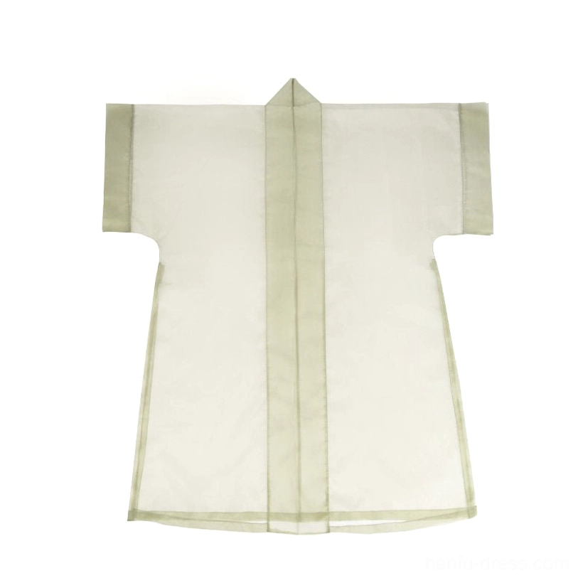 Flat lay of pale green sheer Song-style Hanfu Beizi outer robe with moss green contrast trim on placket and sleeves