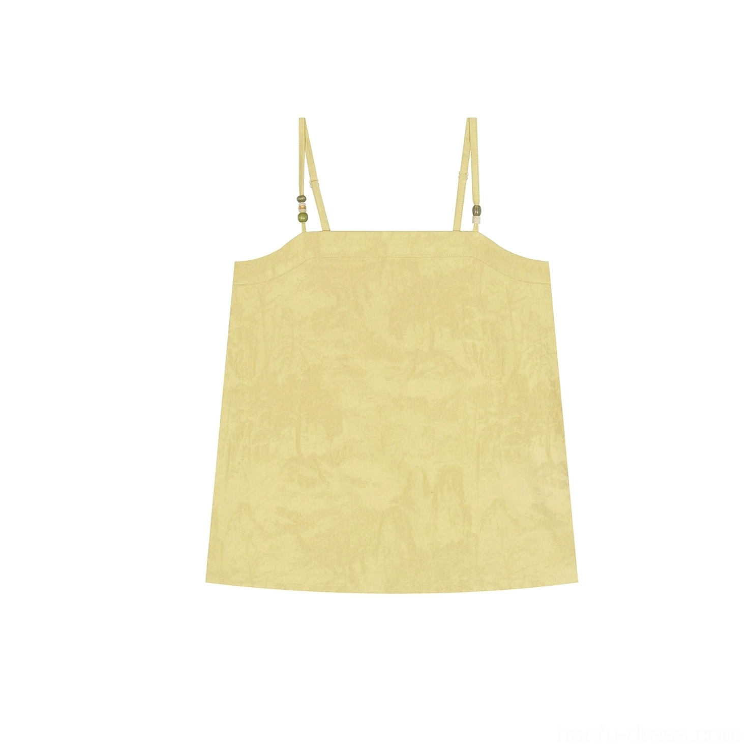 Pale yellow Song Dynasty hanfu camisole with subtle jacquard pattern spaghetti straps and decorative bead details displayed flat