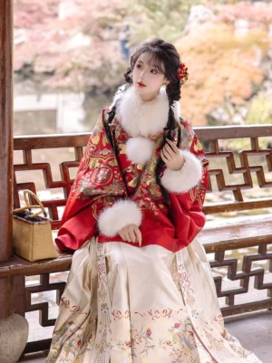 Parrot Joy festive Ming dynasty hanfu outfit with red embroidered top ivory mamian skirt and winter fur styling outdoors