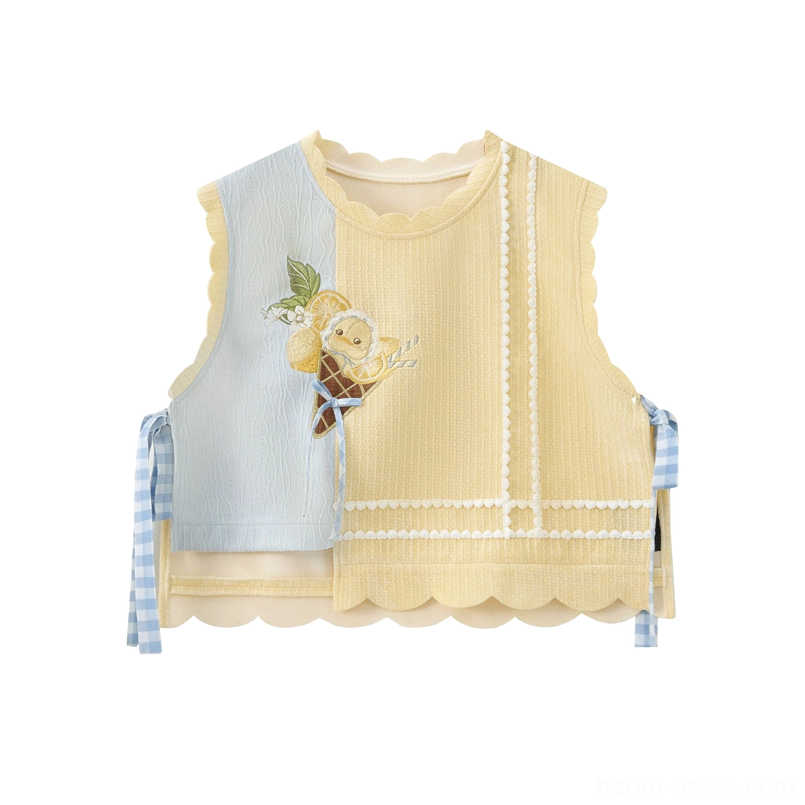 Pale yellow and light blue modern Hanfu bijia vest with scalloped hem ice cream appliqué and gingham ribbon trim