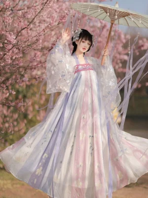 Pastel Tang Dynasty Hanfu Qixiong Ruqun with sheer wide sleeves, floral printed skirt, pink and lavender layers, and oil paper umbrella in a cherry blossom garden