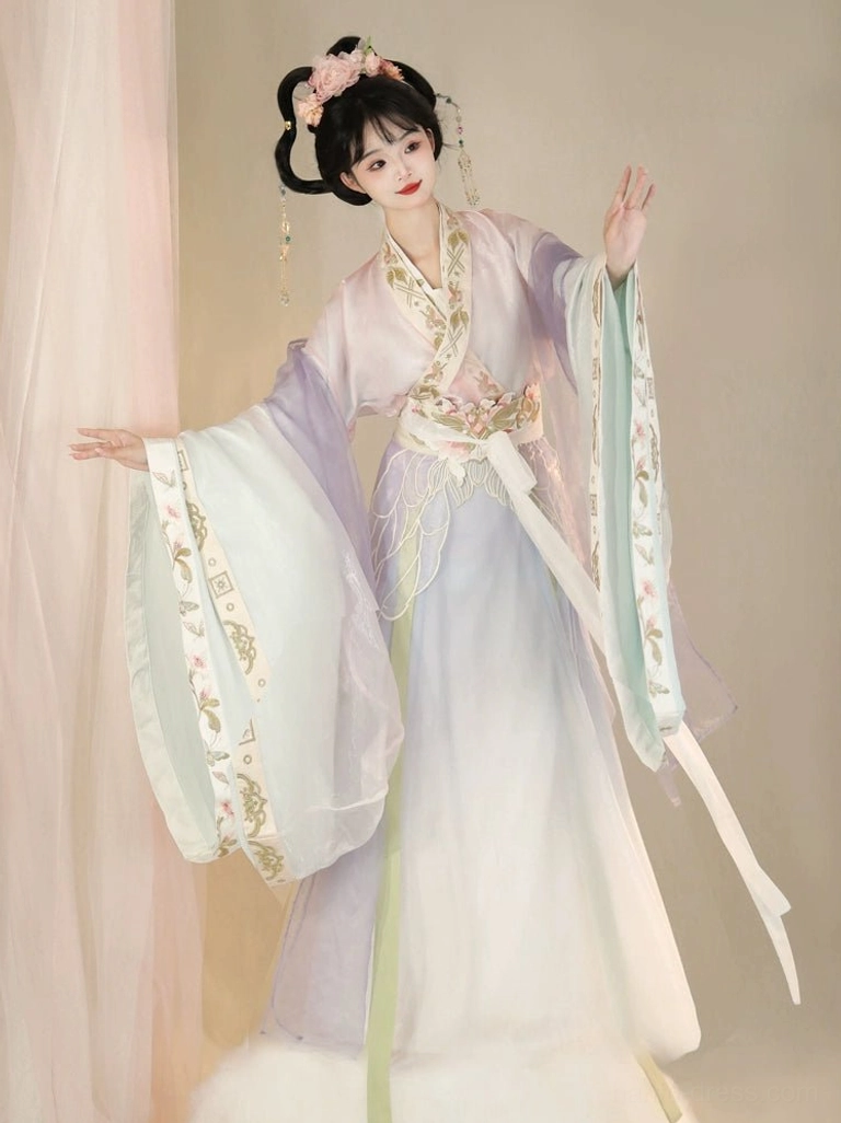 Full front view of pastel Wei Jin Dynasty Qiyao Ruqun Hanfu with floral embroidery, geometric sleeve details, long sash, and elegant layered silhouette