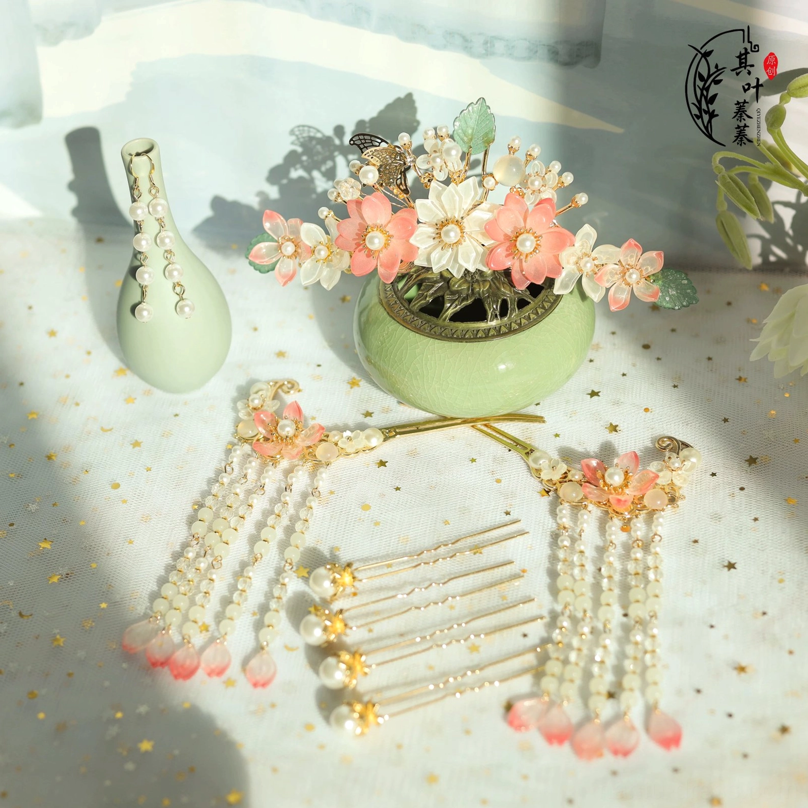 Full seven piece peach blossom Hanfu hair accessory set with tassel hairpins, crown style ornament, floral pins and pearl details
