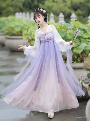 Peach Fairy Tang Dynasty qixiong ruqun Hanfu set with purple pink gradient skirt, floral embroidered bodice, sheer sleeves and flowing ribbons in a lotus garden