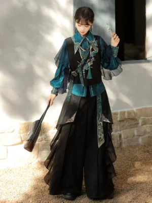 Front view of women’s peacock blue modern Hanfu outfit with embroidered vest, blouse, and layered wide-leg pants