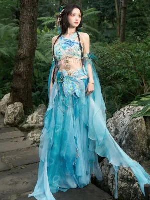 Lake blue peacock Dunhuang Feitian costume with layered chiffon skirt embroidered one shoulder top and waist chain