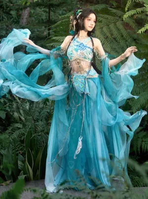 Peacock Dunhuang Feitian Tang Dynasty dance Hanfu set in lake blue chiffon with embroidered crop top and flowing sleeves front view