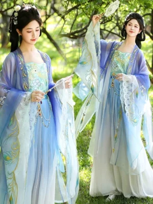 Peacock embroidered Tang Dynasty Hanfu heziqun dress set in a blue violet to ivory gradient, shown on two models outdoors with wide flowing sleeves and traditional Chinese hairstyles