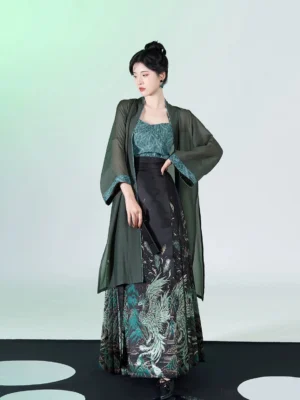 Peacock feather Ming Dynasty Hanfu three-piece outfit with dark green sheer overcoat teal camisole and black mamian skirt front view