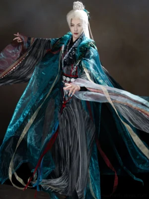 Peacock King Hanfu for men shown in a dynamic three-quarter view with flowing peacock-blue outer robe, oversized sleeves, feather-inspired collar, silver waist pendants, colorful ribbons, and black layered inner costume