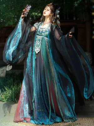 Peacock Tang Dynasty Hanfu costume shown in a garden with a floor-length gradient Heziqun skirt, embroidered bodice, teal sheer outer robe, and traditional decorative headpiece