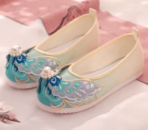Pearl butterfly embroidered Hanfu shoes for women in cream white and pale cyan canvas with upturned toes and white rubber soles