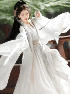 Pearl Glow Song Dynasty qiyao ruqun Hanfu with white flowing sleeves and silver feather embroidered skirt in an ancient garden
