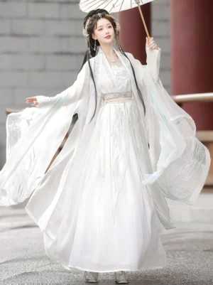 Front view of Pearl Glow white Song Dynasty Hanfu qiyao ruqun set with paper umbrella, wide sleeves, pale blue trim and pleated skirt