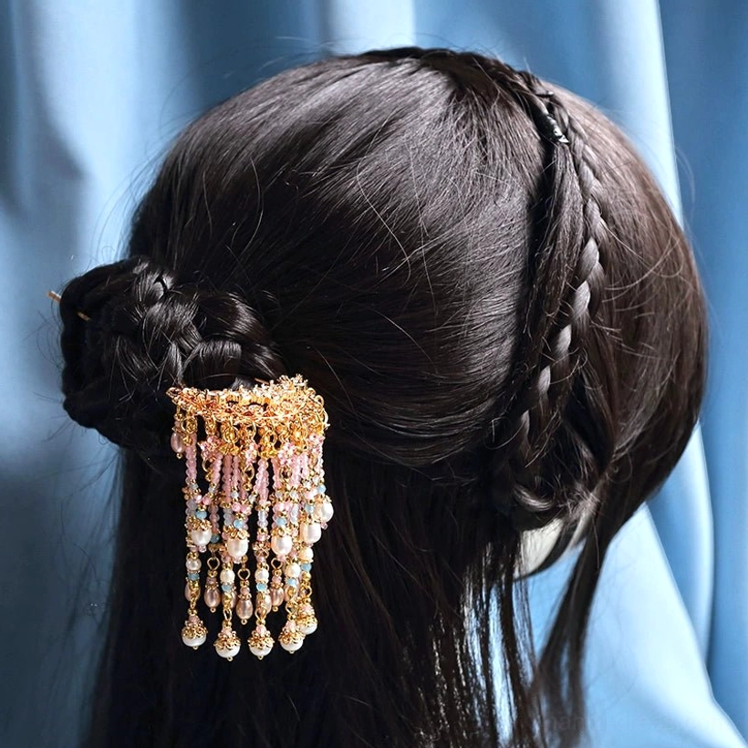 Pearl Princess Hanfu tassel hair accessory worn in a dark braided low bun hairstyle from the back