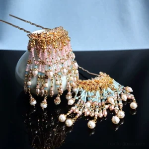 Pearl Princess Hanfu tassel hair pin set with gold-tone stems, pink and light blue bead tassels, and white pearl-style pendants