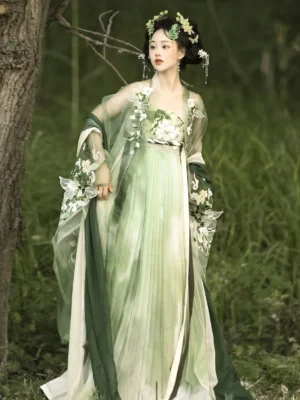 Front full-body view of a peppermint green Tang Dynasty style Hanfu Heziqun dress featuring floral embroidered bodice, gradient pleated skirt, sheer outer cape, wide sleeves, and dark green waist sash