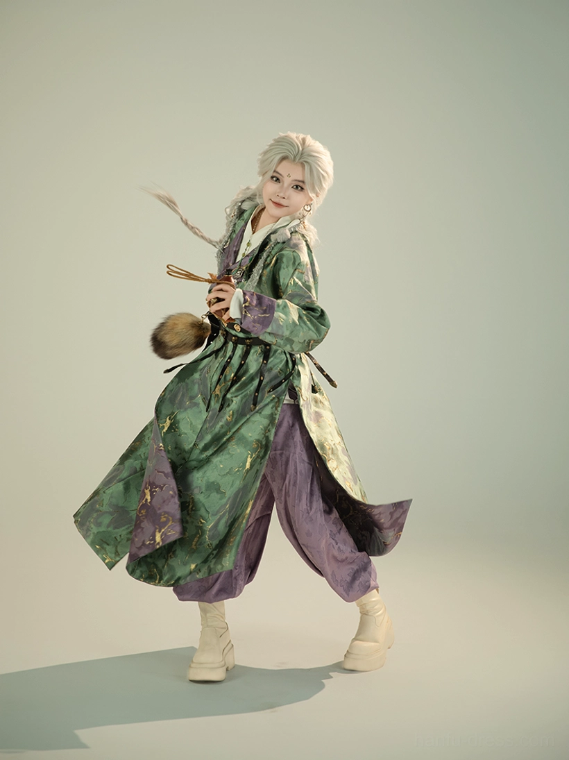 Front view of perilla leaf patterned Tang Dynasty Hanfu robe in green gold and purple fantasy styling