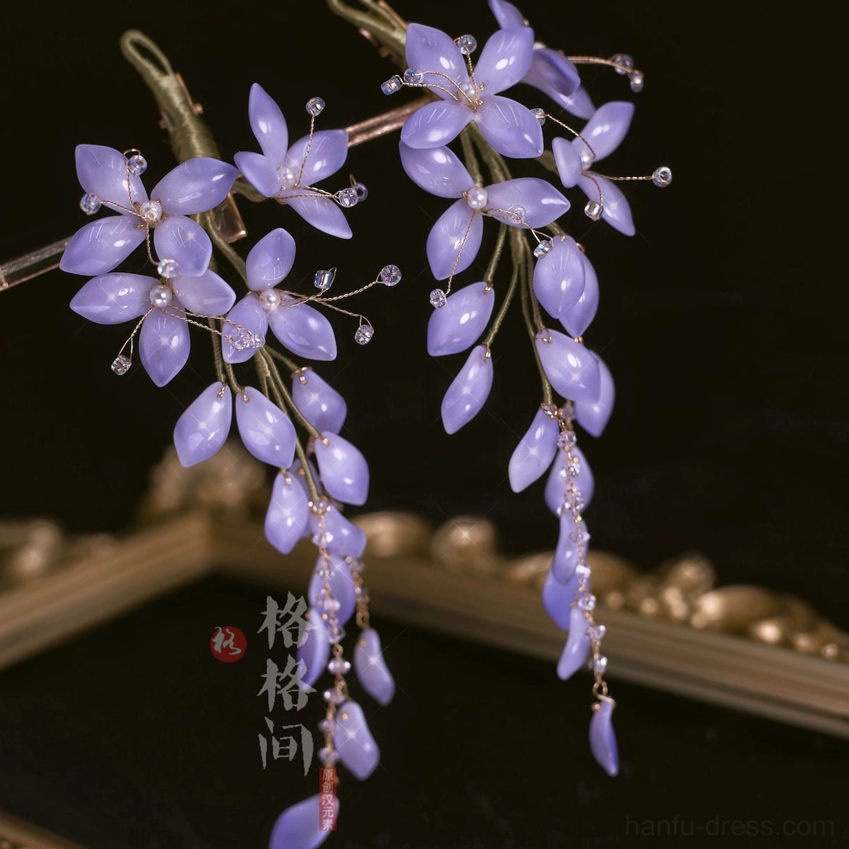 Periwinkle purple wisteria glass hair pins with lavender clustered flowers purple tassel strands and tiny crystal beads