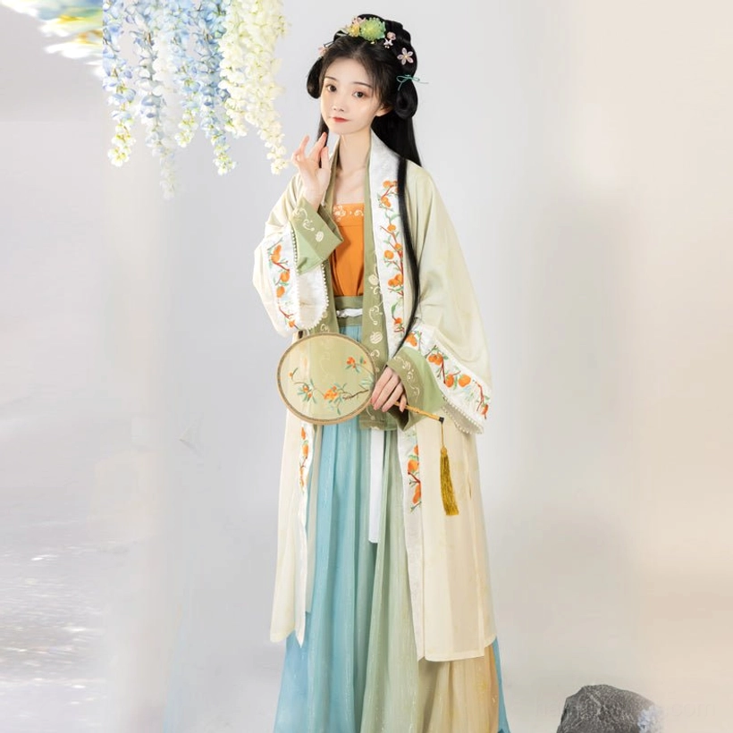 Close front view of persimmon embroidery on beige beizi in Song Dynasty style qiyao ruqun hanfu set