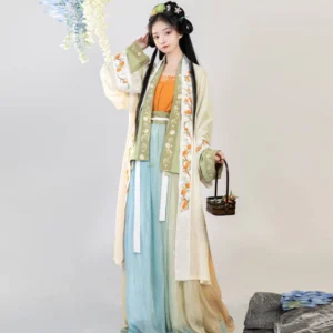 Persimmon Bloom Song Dynasty qiyao ruqun hanfu complete set front view with beige beizi orange camisole and blue yellow gradient skirt