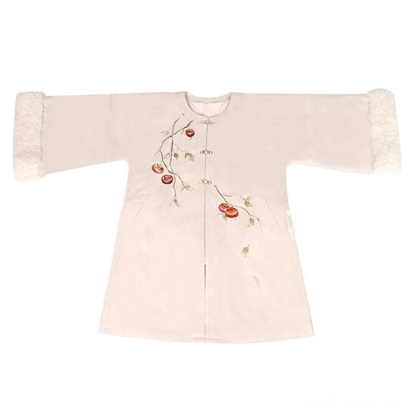 Flat lay of ivory persimmon embroidered Ming-style Hanfu jacket with frog buttons and faux fur trim