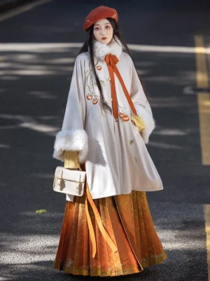Full body outdoor view of persimmon Ming Dynasty Hanfu coat and burnt orange brocade Mamianqun skirt set
