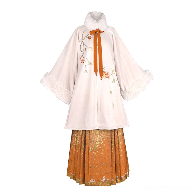 Complete flat lay of persimmon Ming Dynasty Hanfu jacket inner top and orange brocade Mamianqun set