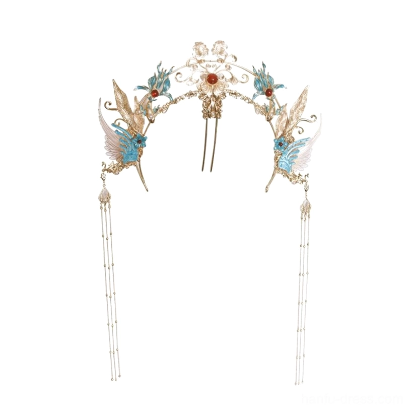 Detailed phoenix Hanfu crown with turquoise enamel-style birds red center beads and gold-tone tassels