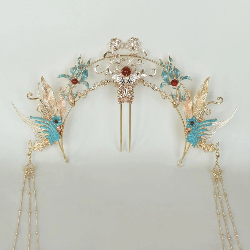 Phoenix carp Hanfu hair accessory pieces including crown headdress and matching hair combs displayed on white background