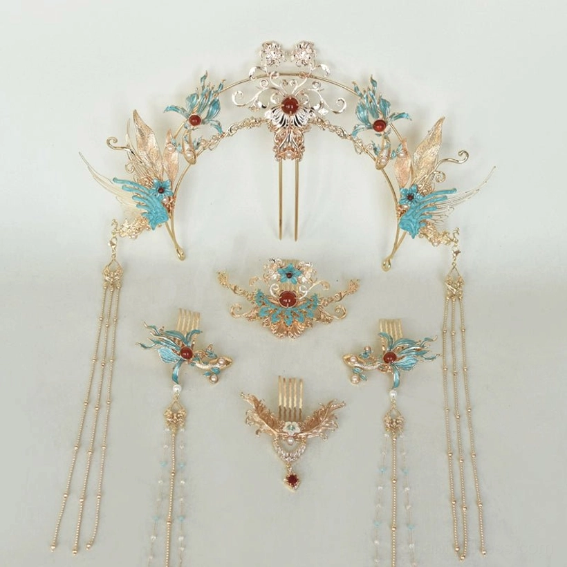 Matching phoenix carp Hanfu necklace with gold-tone chain turquoise decorative pendants red beads and dangling drops