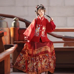 Three-quarter side view of red Ming Dynasty Hanfu outfit with embroidered upper layers and red phoenix brocade Mamianqun skirt