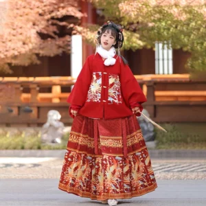 Red Phoenix Feather Ming Dynasty Hanfu set with square collar embroidered top and red phoenix floral Mamianqun skirt in a traditional Chinese garden
