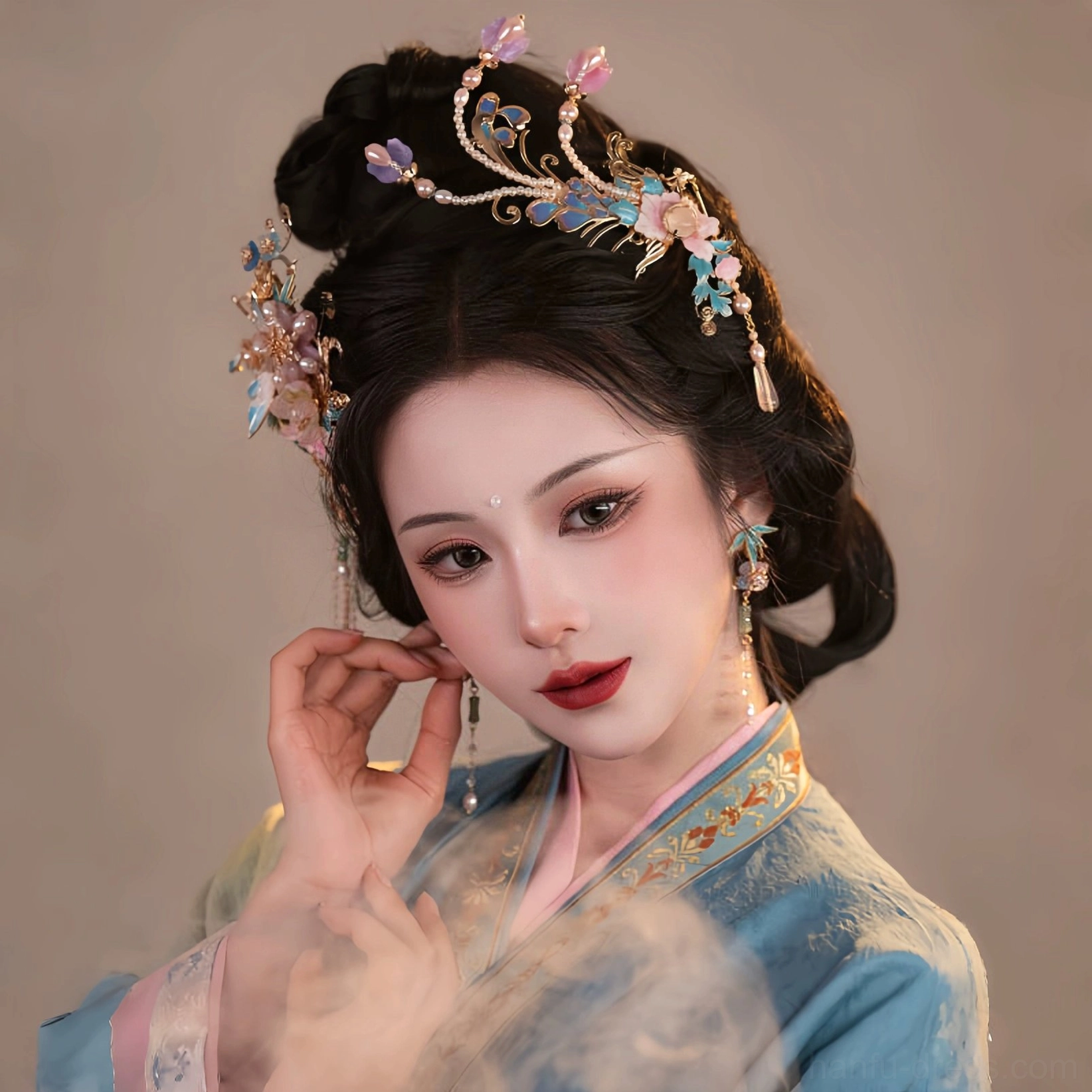 Model adjusting matching Hanfu earrings beneath a traditional coiled bun decorated with a phoenix and floral hairpin in blue and gold