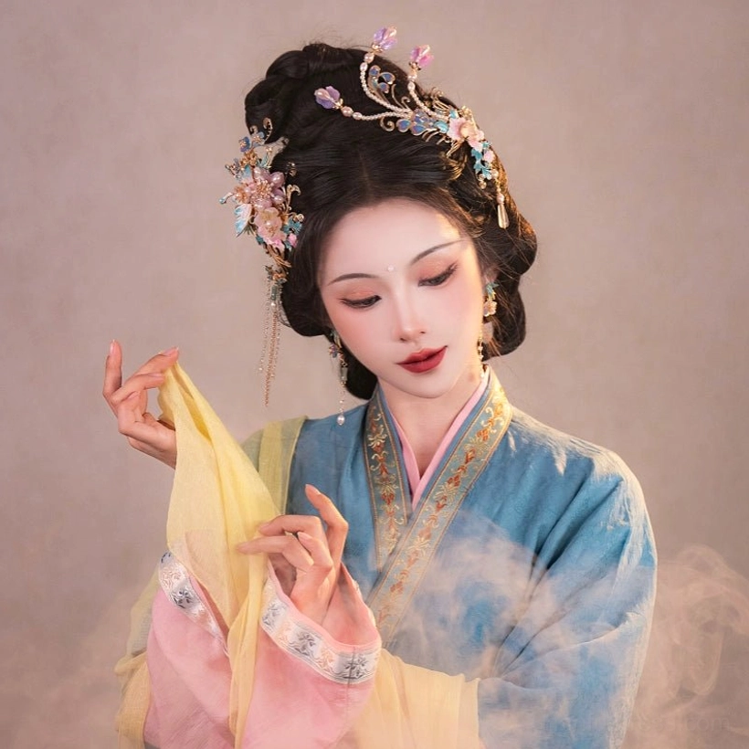Female model wearing a phoenix and peony Hanfu hair accessories set with pastel pink and blue floral ornaments, gold-toned hairpins, dangling tassels, and matching traditional Chinese earrings