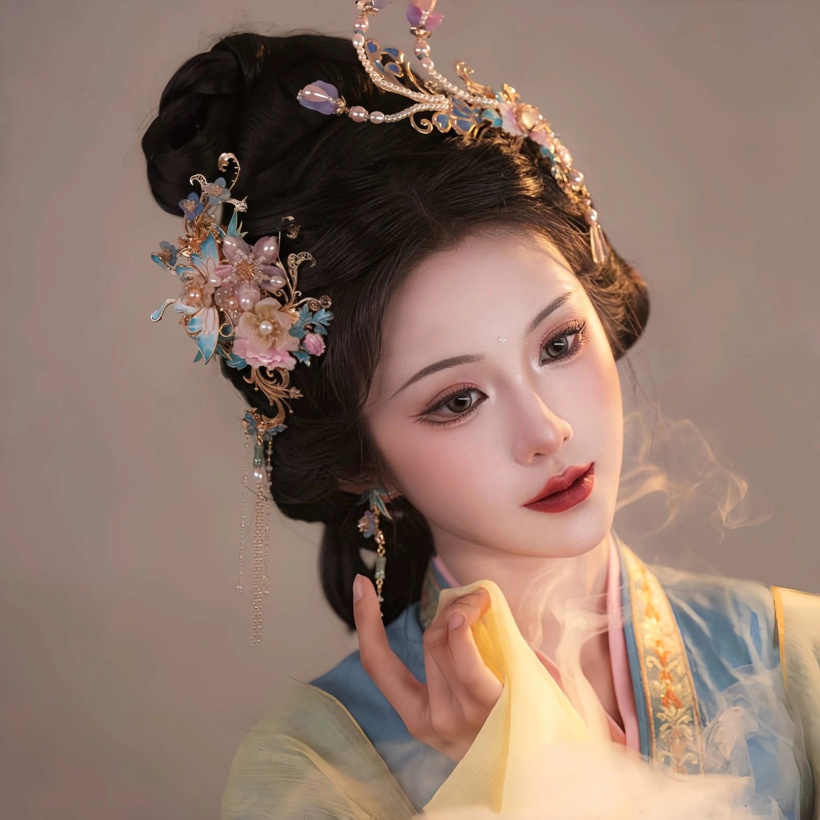 Close-up of delicate Hanfu hairpins arranged on a traditional Chinese coiled hairstyle with floral ornaments, gemstone-style details, and long dangling tassels