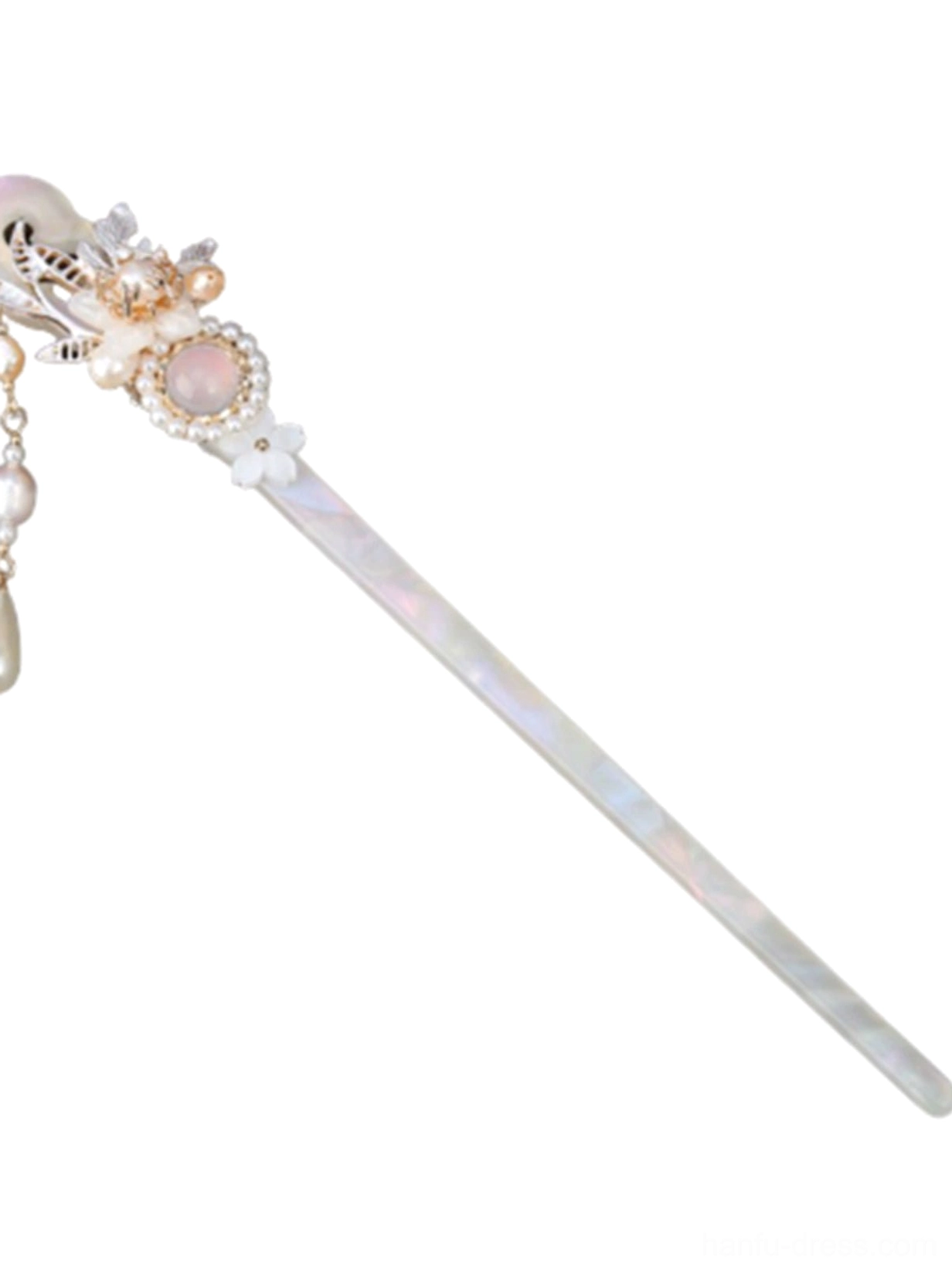 Chinese style iridescent hair stick with gold and white floral decoration, pink center gem, and partial dangling tassel on a white background