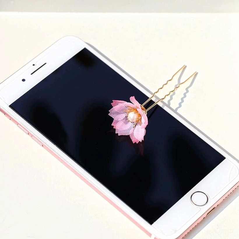 Pink cherry blossom U shaped hanfu hair pin with pearl style center and gold tone metal hair fork