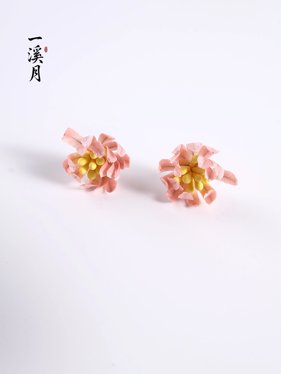 Pair of pink chrysanthemum velvet flower stud earrings with layered petals and yellow stamens presented in a clean overhead product view