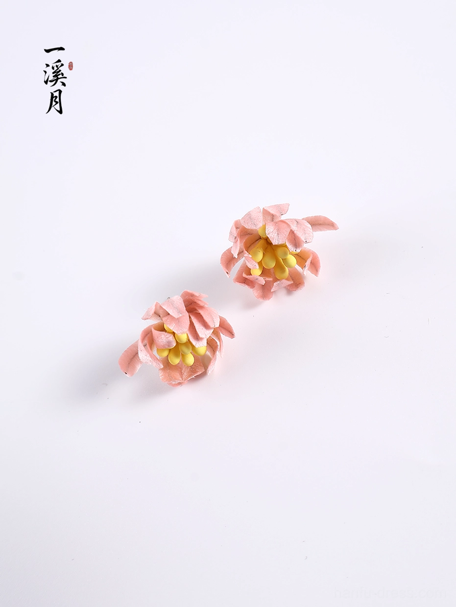 Pair of pink chrysanthemum velvet flower stud earrings with layered petals and yellow stamens displayed on a clean white studio background