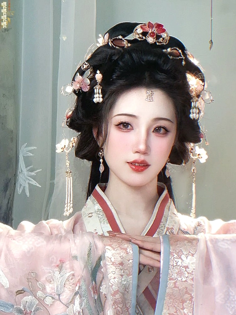 Model wearing pink embroidered Hanfu with an elaborate traditional Chinese hairstyle and dangling tassel hair ornaments